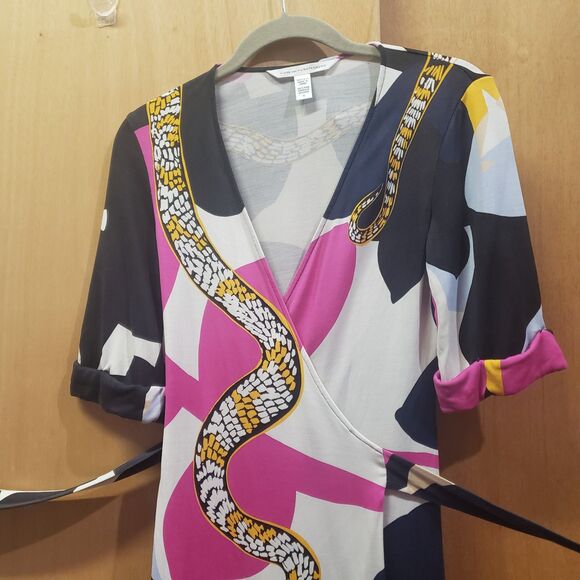 Diane von Furstenberg silk wrap dress snake print-black/white/pink/yellow&blue 6 - Picture 3 of 8